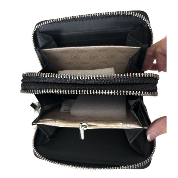 London Fog Dahlia Black Checkered Double Zip Around Wallet Faux Leather Compact - Picture 3 of 4